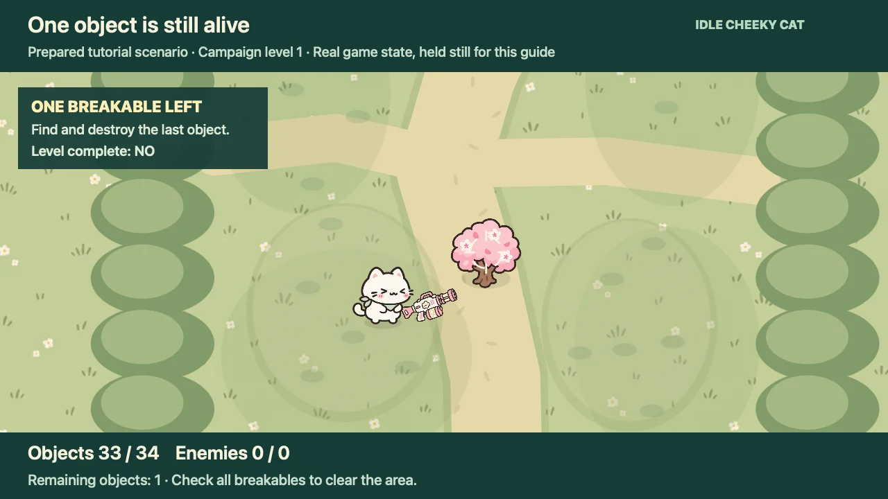 Escena de tutorial preparada de Idle Cheeky Cat con un objeto rompible pendiente de encontrar.