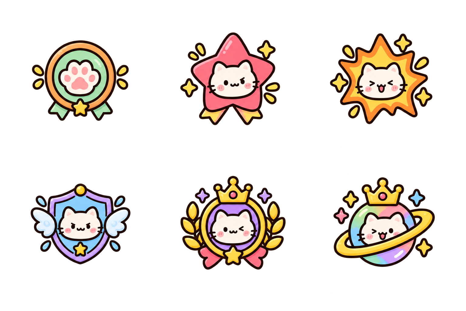 The six original Idle Cheeky Cat medal designs arranged in two rows.