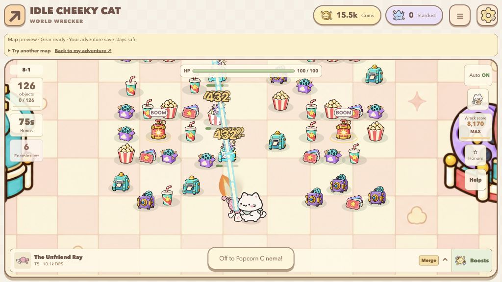 물체·적 수가 표시된 상태에서 Biscuit이 Popcorn Cinema에 레이저를 쏘고 있습니다. 전투 위에는 Map preview · Gear ready 배너가 보입니다.