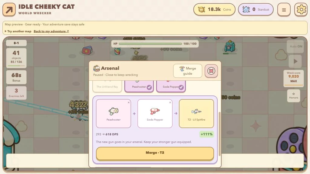 戦闘を一時停止した武器庫で、PeashooterとSoda Popperをティア2のLil Spitfireに合成するプレビュー。